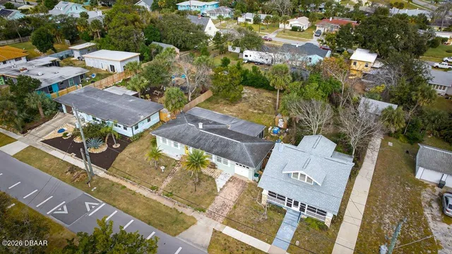 an aerial view of residential house with outdoor space and swimming pool