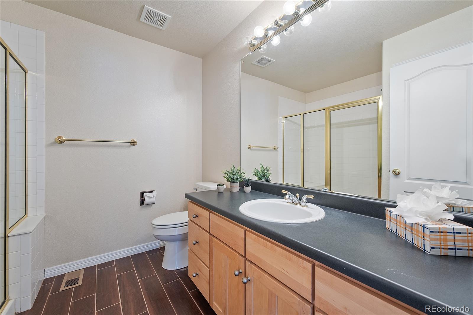 22426 East Roxbury Place Aurora, CO 80016 - Photo 38 of 50 a bathroom with a sink a toilet and shower
