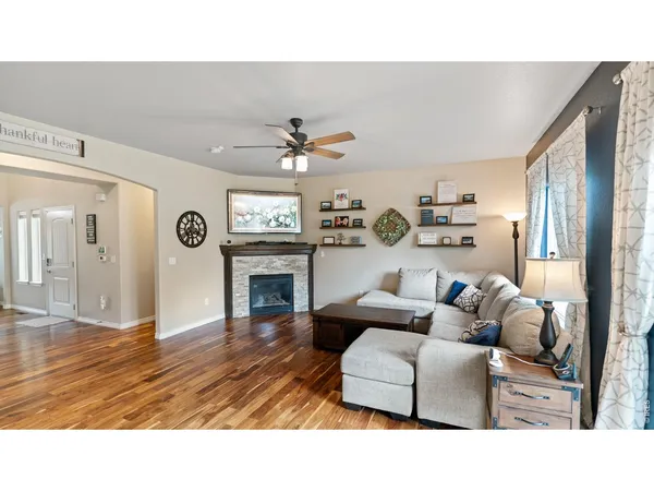 a upper view of a living room and dining room
