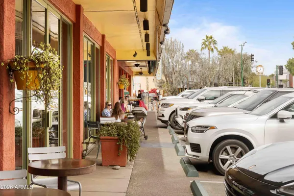 a view of a patio in front of a building