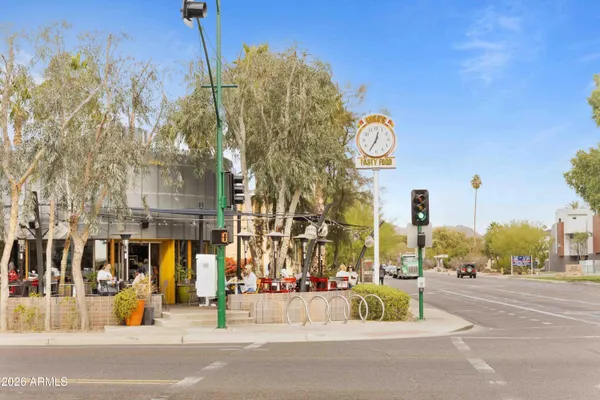 a view of a building with a street