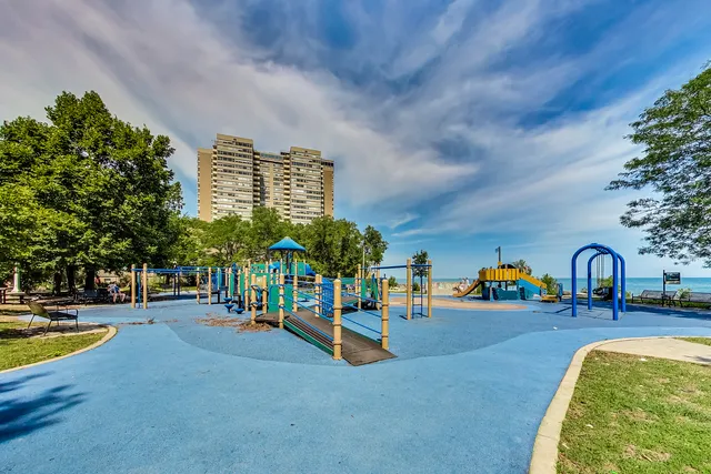 a view of a park with slide