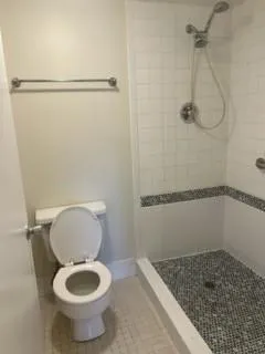 a bathroom with a toilet and a shower