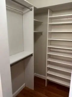 a view of walk in closet with empty racks