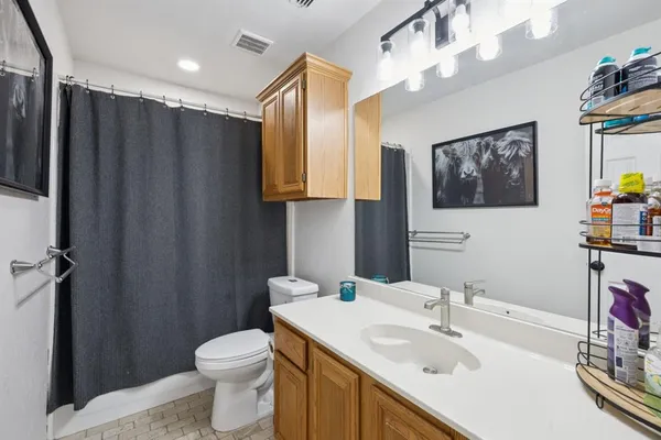 a bathroom with a sink a toilet and shower