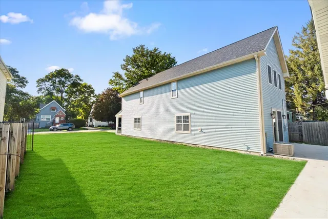 a view of a backyard with plants and large tree