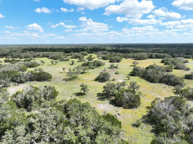 a view of a swimming pool with a bench and trees in the background