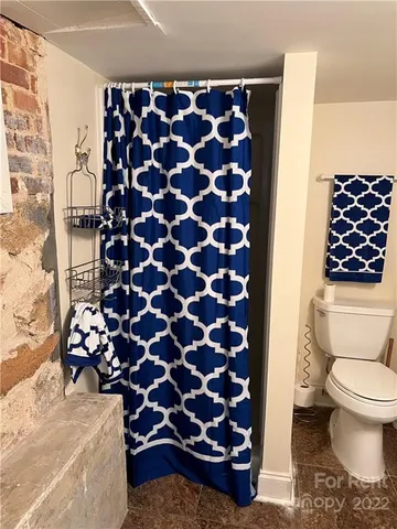 a bathroom with a toilet and a shower curtain