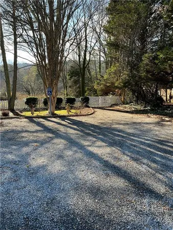 a view of a yard with large trees