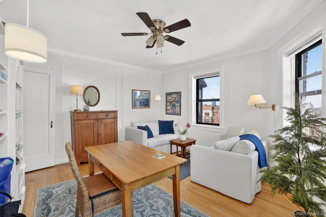 a living room with furniture a rug and a window