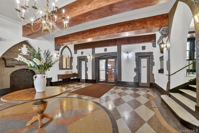 a front view of a building with street view