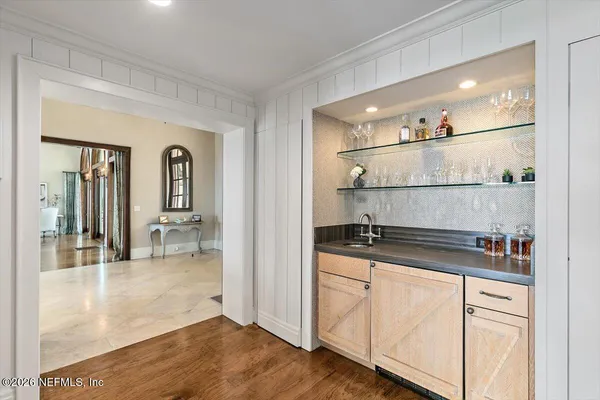 a view of a city from a hallway