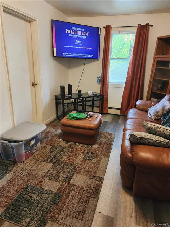 808-812 State Rt 17B Monticello, NY 12701 - Photo 27 of 35 Living room featuring lofted ceiling, hardwood / wood-style floors, and a baseboard heating unit