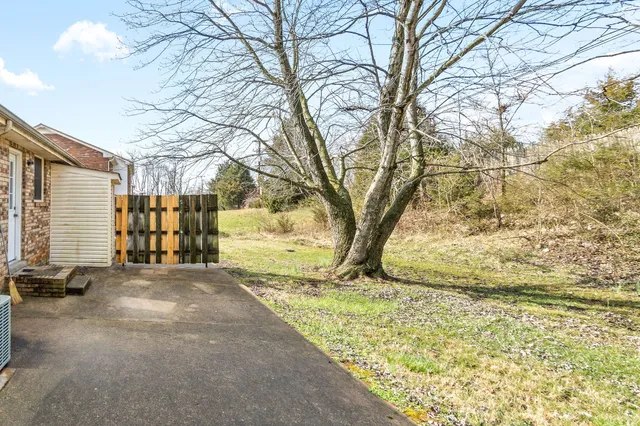 a view of a yard with wooden fence