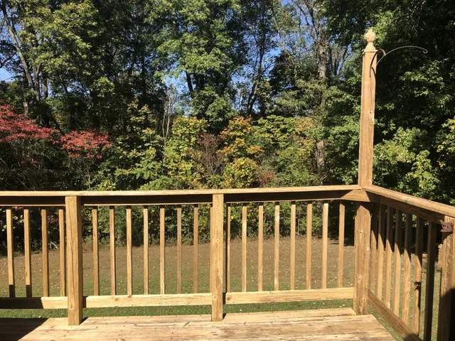 a view of a wooden balcony