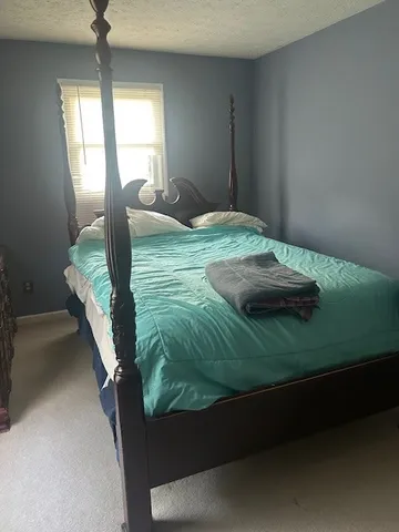 a bedroom with a bed window and a chandelier