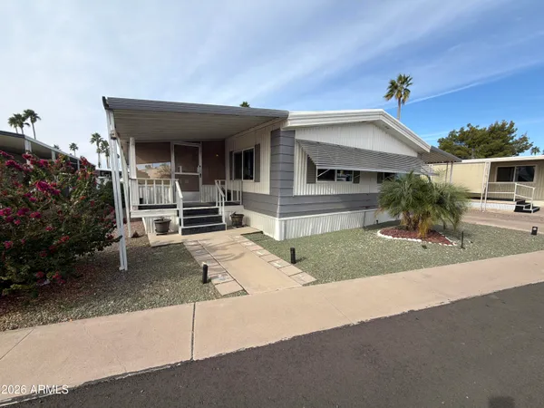 front view of a house with a patio