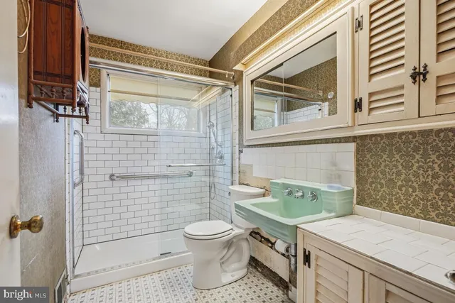 a bathroom with a sink a toilet and shower