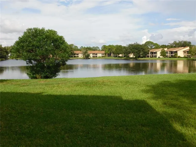 a view of a lake with houses in the background