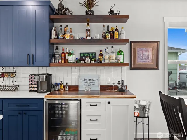a workspace with a wooden cabinets