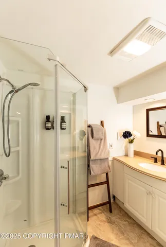 a bathroom with a sink mirror and a shower