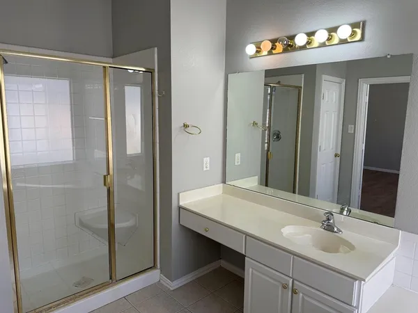 a bathroom with a sink shower and a mirror