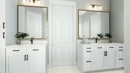 a bathroom with a sink vanity and a mirror