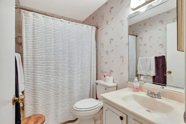 a bathroom with a sink a toilet a mirror and shower curtain
