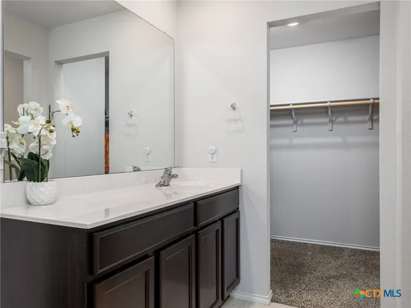 a bathroom with a sink vanity and a mirror