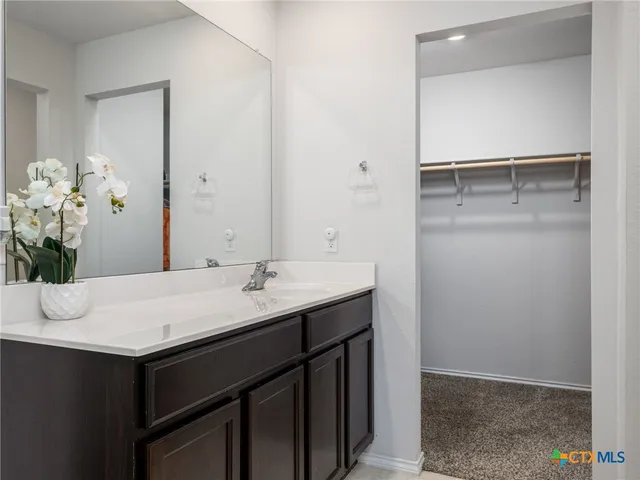 a bathroom with a sink vanity and a mirror