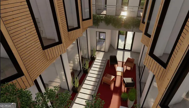 a patio with table and chairs