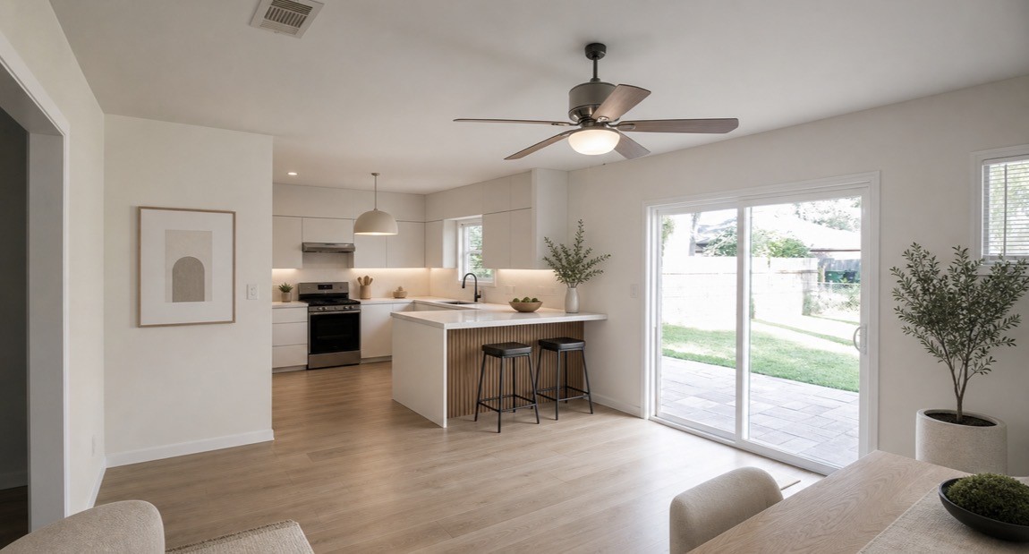 322 Broad Ripple Drive Houston, TX 77336 - Photo 8 of 16 This photo showcases a bright, modern kitchen with an open layout, featuring a central island with seating, sleek cabinetry, and stainless steel appliances. A ceiling fan and large sliding glass doors enhance the airy feel, leading to a spacious outdoor area.