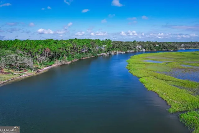 a view of a lake with houses in the back