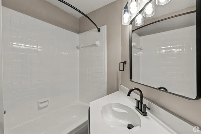 a bathroom with a sink a shower and a mirror