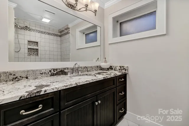 a bathroom with a granite countertop sink vanity and mirror
