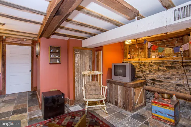 a view of backyard with table and chairs potted plants and a large tree
