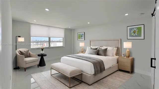 a bedroom with a bed and a couch