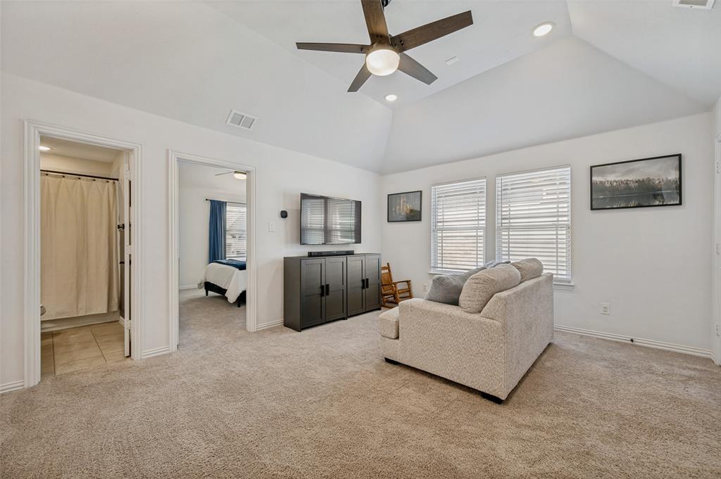 808 Violet Way Celina, TX 75009 - Photo 17 of 30 Game room area with recessed lighting, ceiling fan, light colored carpet, vaulted ceiling, and lots of natural light