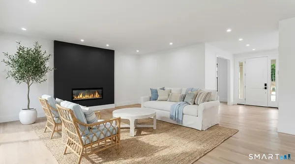 a living room with furniture a fireplace and a potted plant