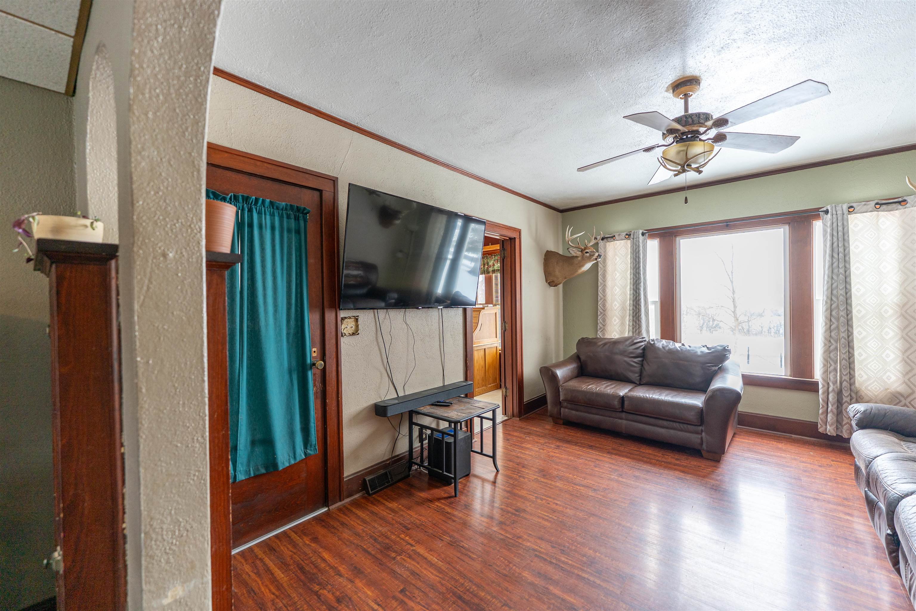 7965 North Adeline Road Leaf River, IL 61047 - Photo 15 of 90 a living room with furniture a ceiling fan and a flat screen tv