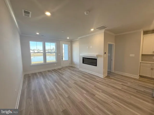 a view of empty room with wooden floor and fireplace
