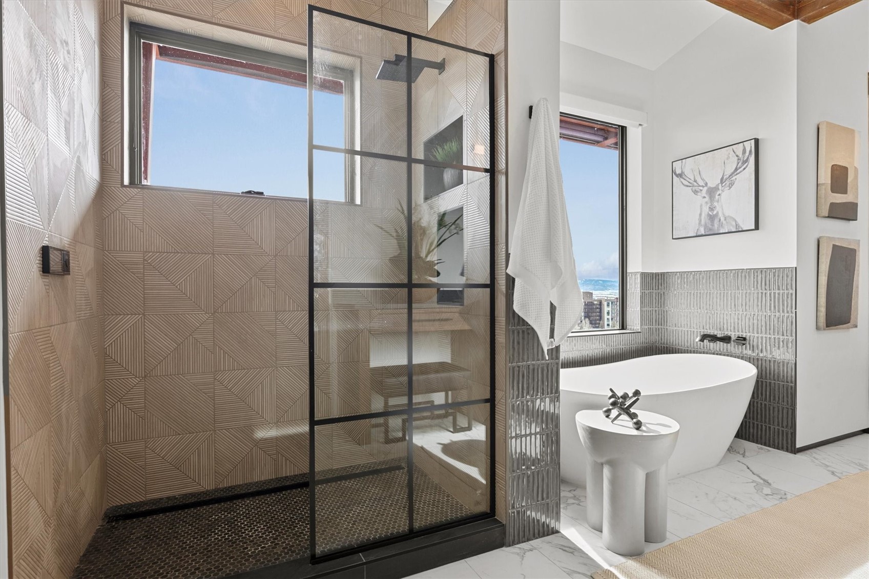 1855 Burgess Creek Road, Unit 3 Steamboat Springs, CO 80487 - Photo 31 of 50 Walk-in shower with floor drain, Moen controls and the shower glass is installed already