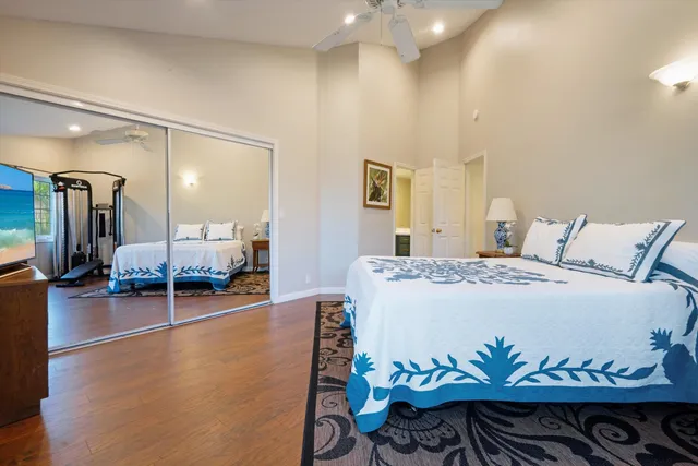 a bed room with a bed and a table