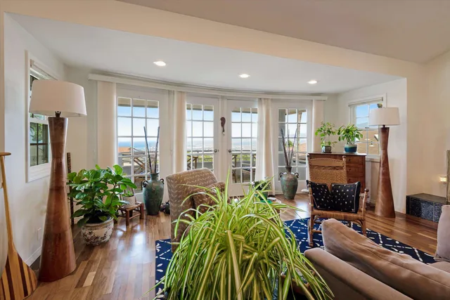 a living room with furniture and a potted plant