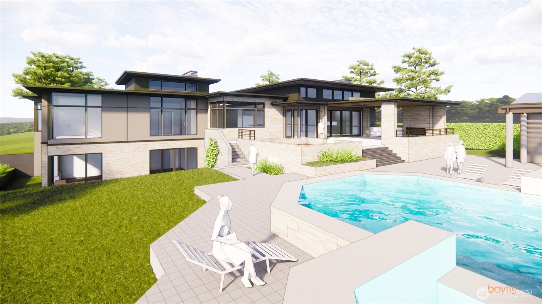 a view of a house with backyard sitting area and garden