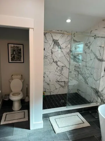 a bathroom with a toilet and a shower