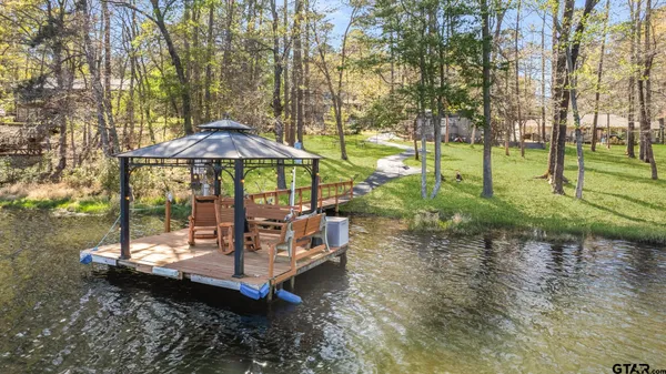 a view of a park with large trees