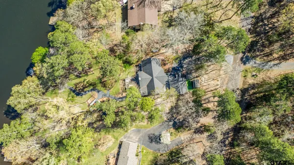 a backyard of a building with large trees