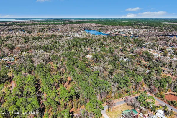 an aerial view of residential houses with outdoor space and trees