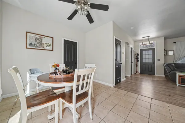 a view of a dining room with furniture